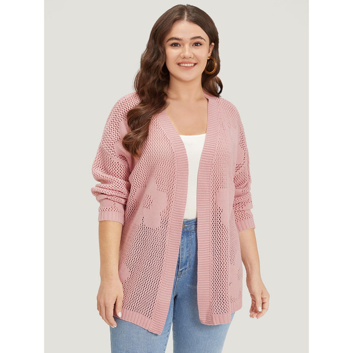 Plus Size Floral Graphic Eyelet Open Front Cardigan Pink Women Casual Loose Long Sleeve Dailywear Cardigans BloomChic 28/5X Product Image
