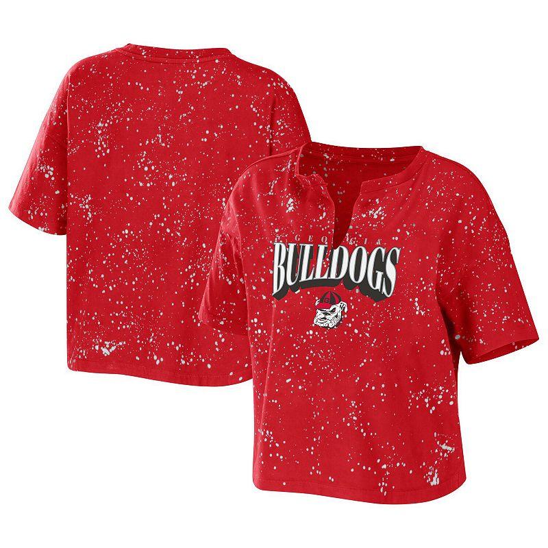 Women's WEAR by Erin Andrews Red Georgia Bulldogs Bleach Wash Splatter Notch Neck T-Shirt,  Product Image