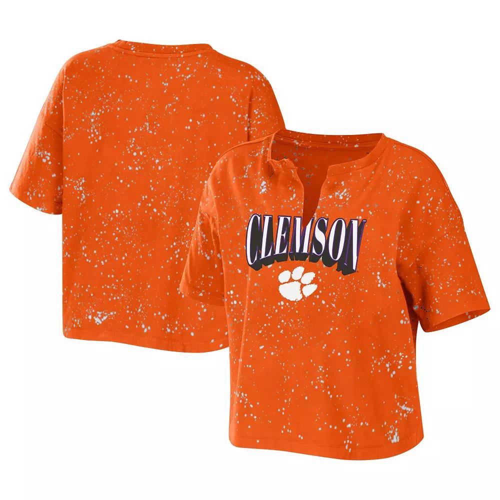 Women's WEAR by Erin Andrews Orange Clemson Tigers Bleach Wash Splatter Notch Neck T-Shirt,  Product Image