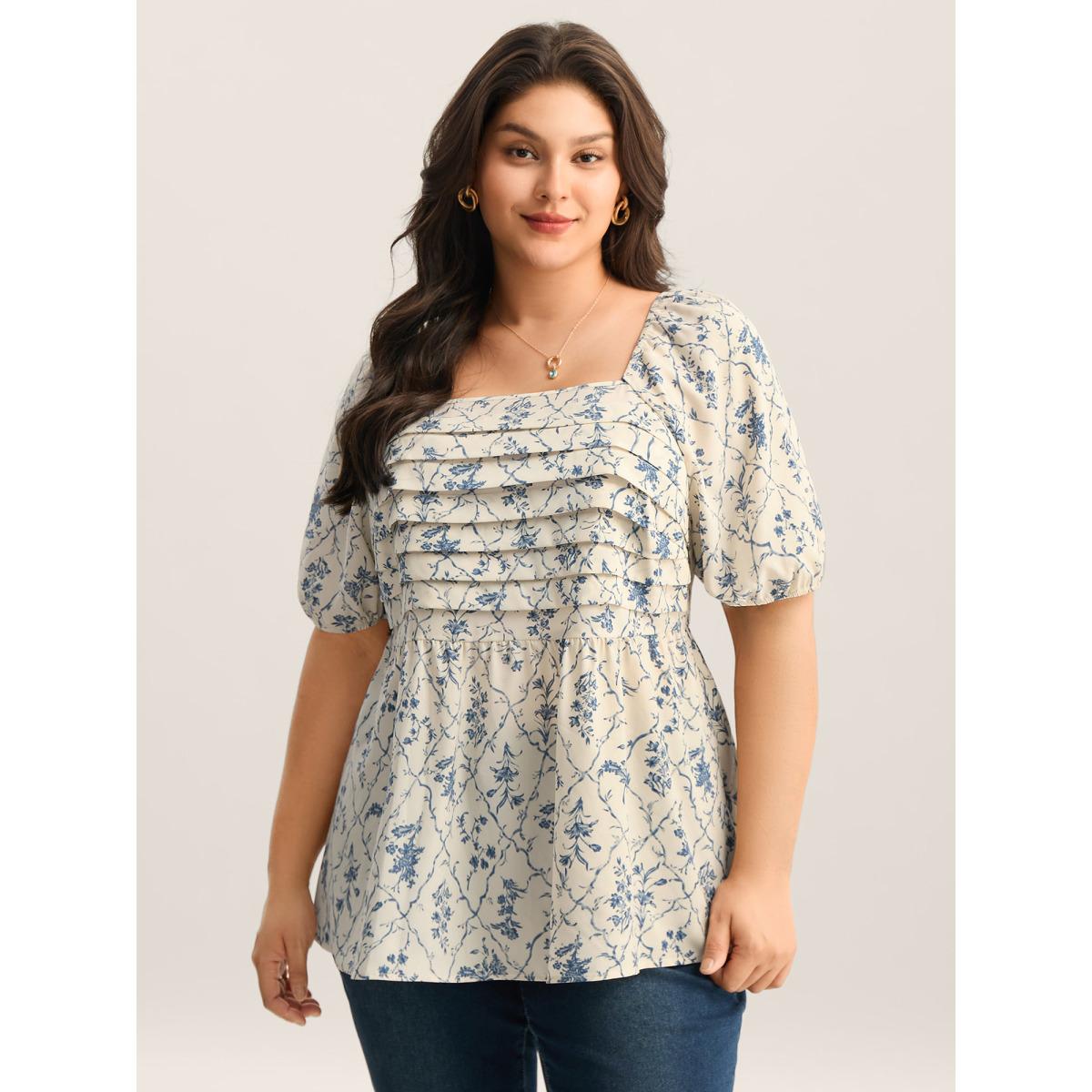 Plus Size Beige Floral Pleated Bodice Puffy Sleeve Blouse Women Romantic Half Sleeve Square Neck Elegant Blouses BloomChic 10/M Product Image