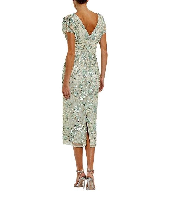 Mac Duggal Embellished Mesh Floral Crew Neck Short Sleeve Sheath Midi Dress Product Image