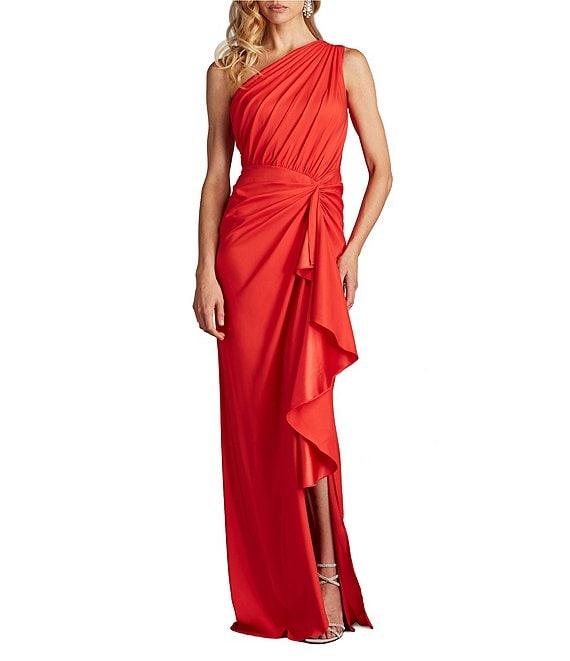 Tadashi Shoji One Shoulder Ruffle Front Crepe Column Gown Product Image
