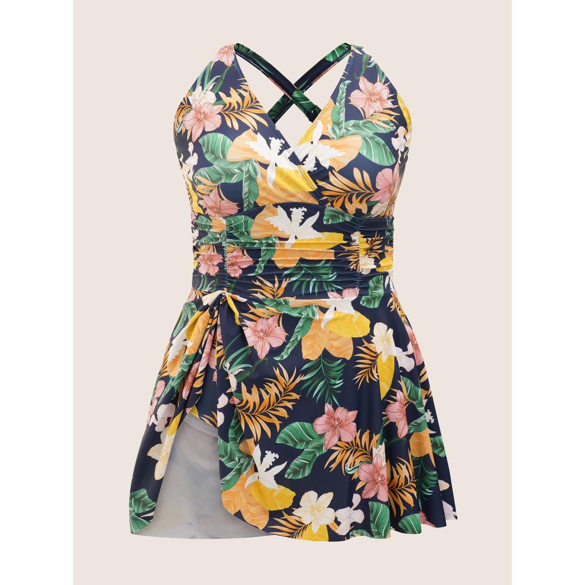 Plus Size Tropical Adjustable Straps Ruched Swim Dress Women's Swimwear Multicolor Beach Bodycon Overlap Collar High stretch Curve Swim Dresses BloomChic 28/5X Product Image