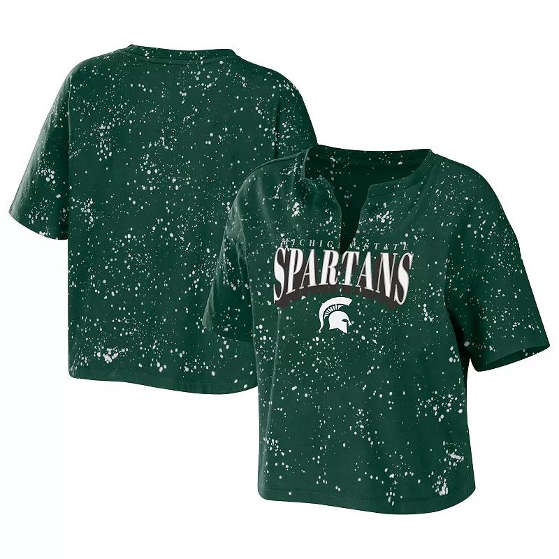 Women's WEAR by Erin Andrews Green Michigan State Spartans Bleach Wash Splatter Notch Neck T-Shirt, Size: 2XL Product Image