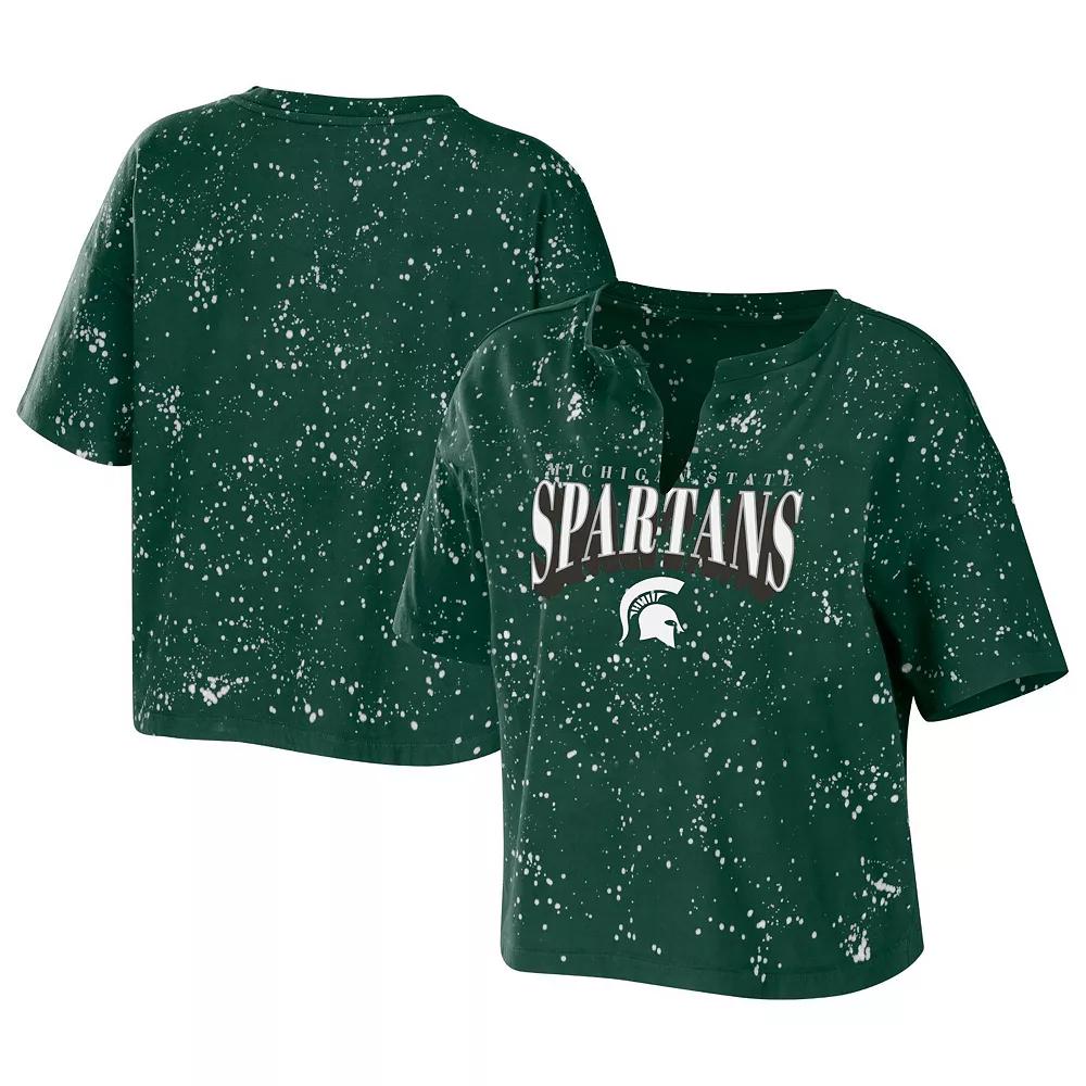 Women's WEAR by Erin Andrews Green Michigan State Spartans Bleach Wash Splatter Notch Neck T-Shirt, Size: 2XL Product Image