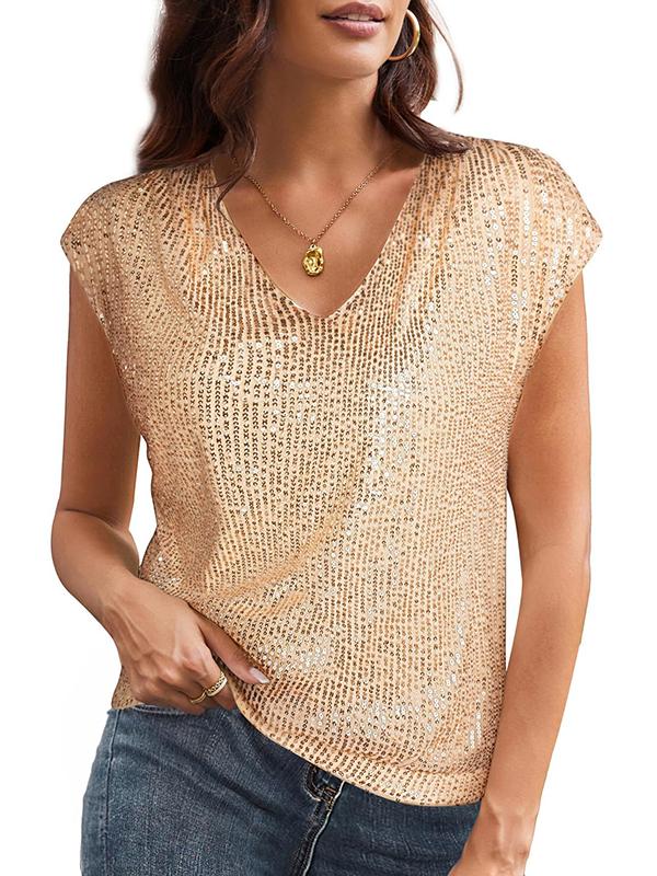 Batwing Sleeves Loose Sequined Shiny V-Neck T-Shirts Tops Product Image