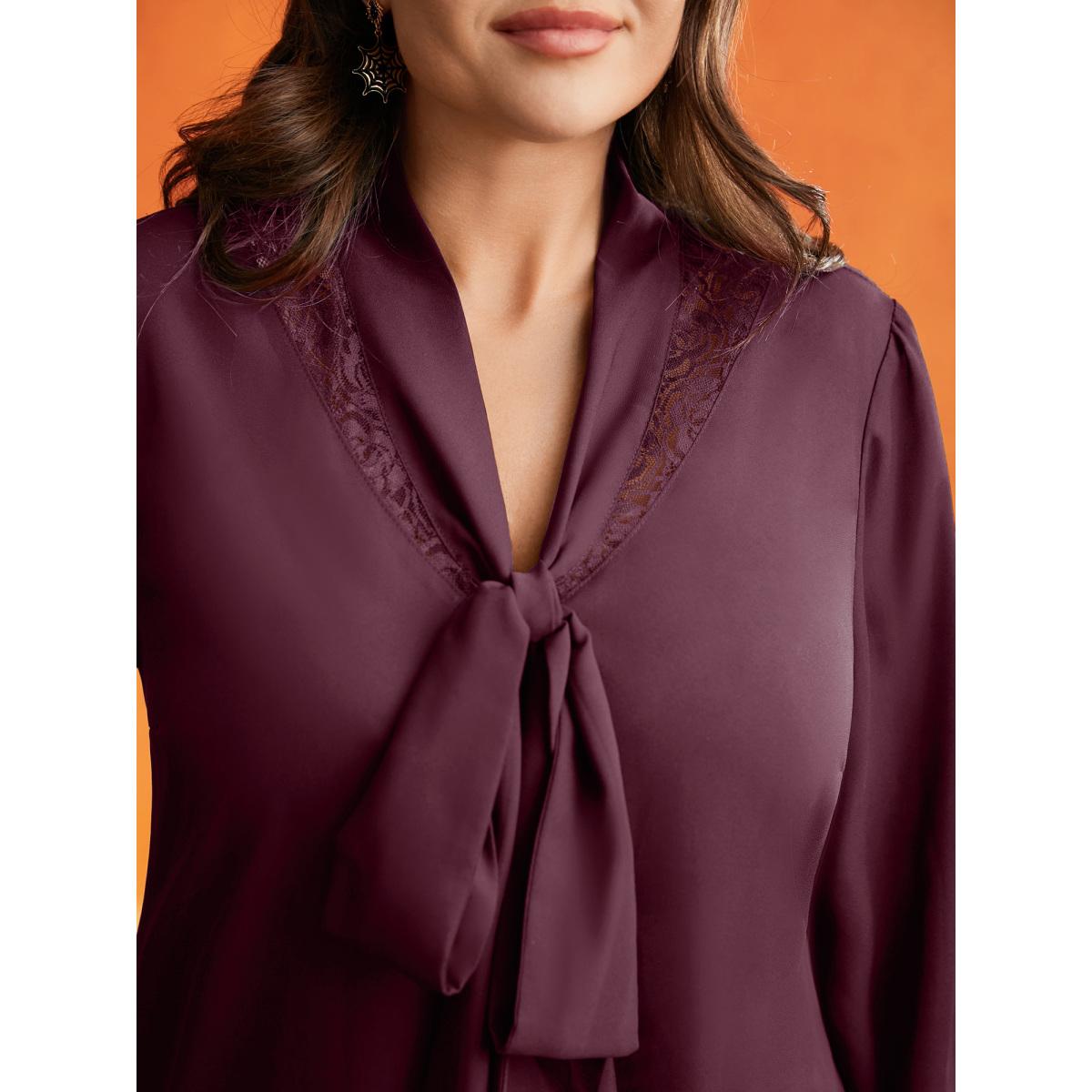 Plus Size Plum Lace-Trimmed Adjustable Ties Blouse Women Elegant Long Sleeve Ribbon-tied collar Everyday Blouses BloomChic 12/L Product Image