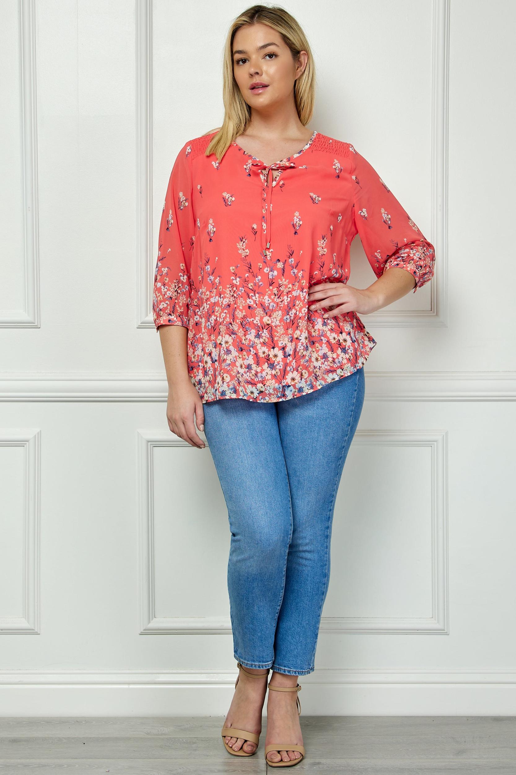 3/4 Button Cuff Sleeve Beaded Tie Front Neck Border Print Blouse - Plus Product Image