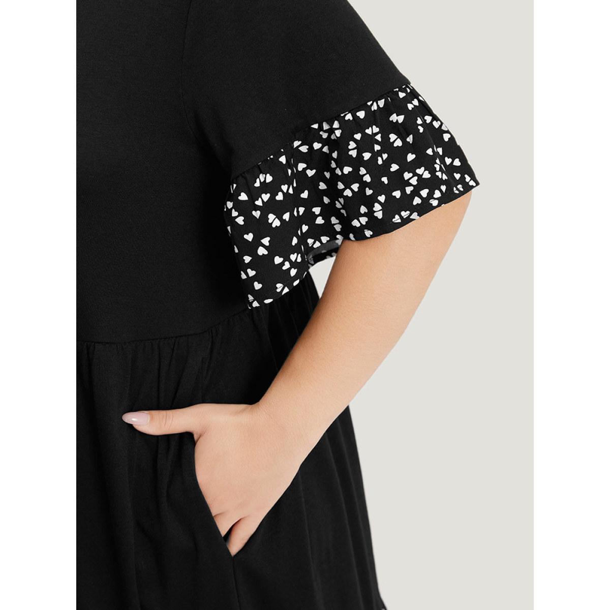 Plus Size Supersoft Essentials Heart Print Patchwork Flutter Trim Dress Black Women Casual Gathered V-neck Short sleeve Curvy Midi Dress BloomChic 28/5X Product Image