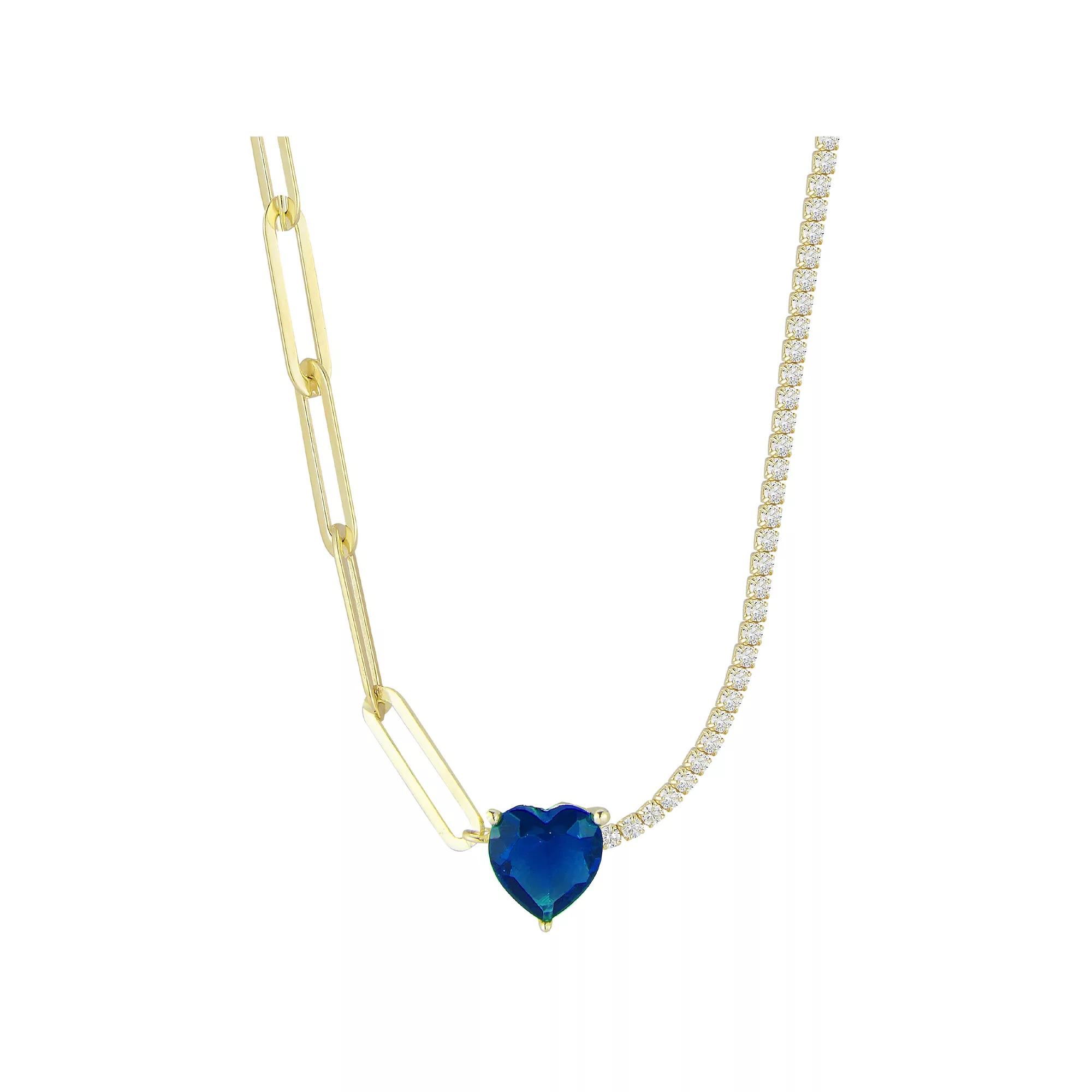 Sunkissed Sterling Cubic Zirconia Link & Tennis Heart Necklace, Women's, Size: 16", Gold Tone Blue Product Image