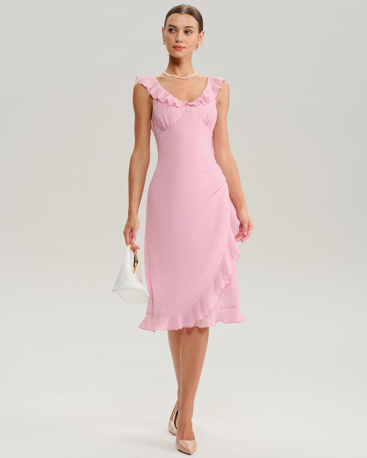 Pink V Neck Ruffle Sleeveless Midi Dress Product Image