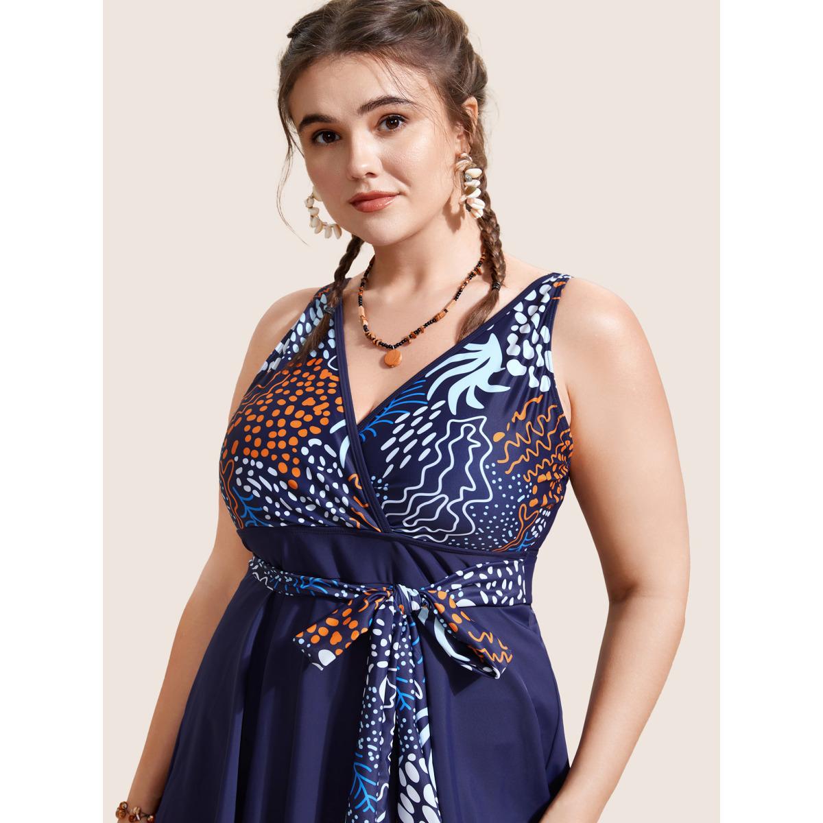 Plus Size Marine Elements Patchwork Tie Knot Swim Dress Women's Swimwear Indigo Beach Bodycon V-neck High stretch Curve Swim Dresses BloomChic 10/M Product Image