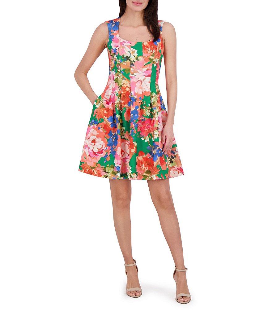 Vince Camuto Scuba Crepe Floral Print Square Neckline Sleeveless Fit and Flare Dress Product Image
