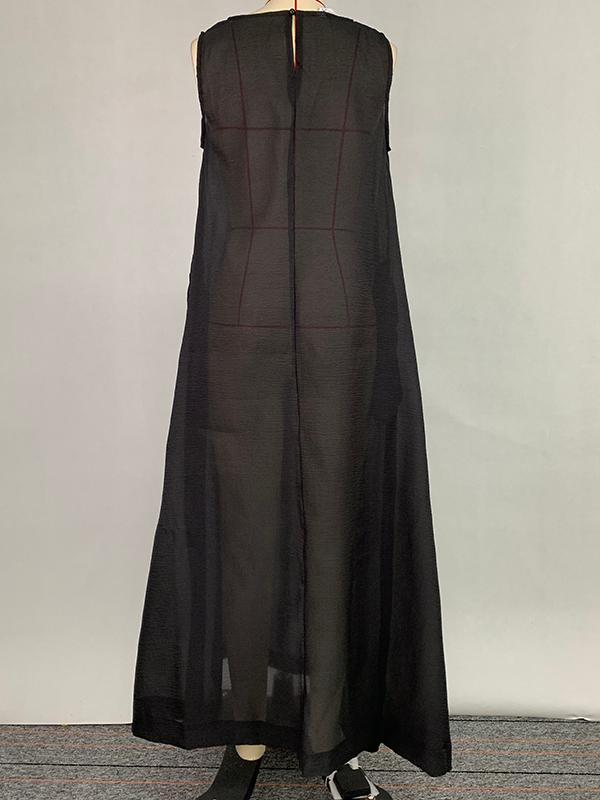 A-Line Loose Pockets See-Through Solid Color Round-Neck Cover-Up Midi Dresses Product Image