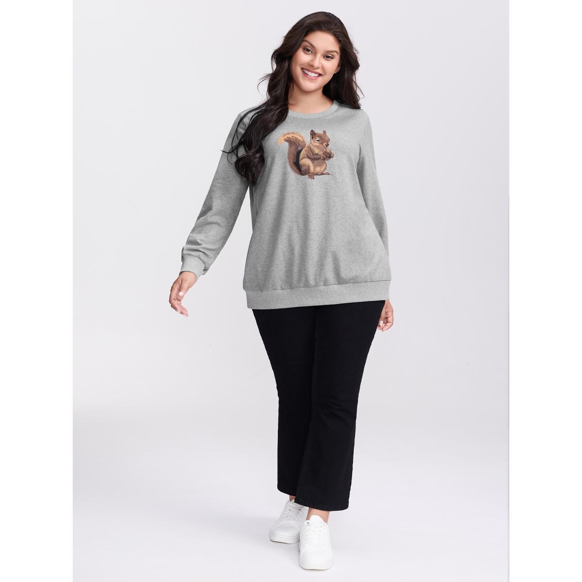 Plus Size Supersoft Squirrel Embroidered Sweatshirt Women DarkGray Leisure Embroidered Round Neck Casual Sweatshirts BloomChic 26/4X Product Image