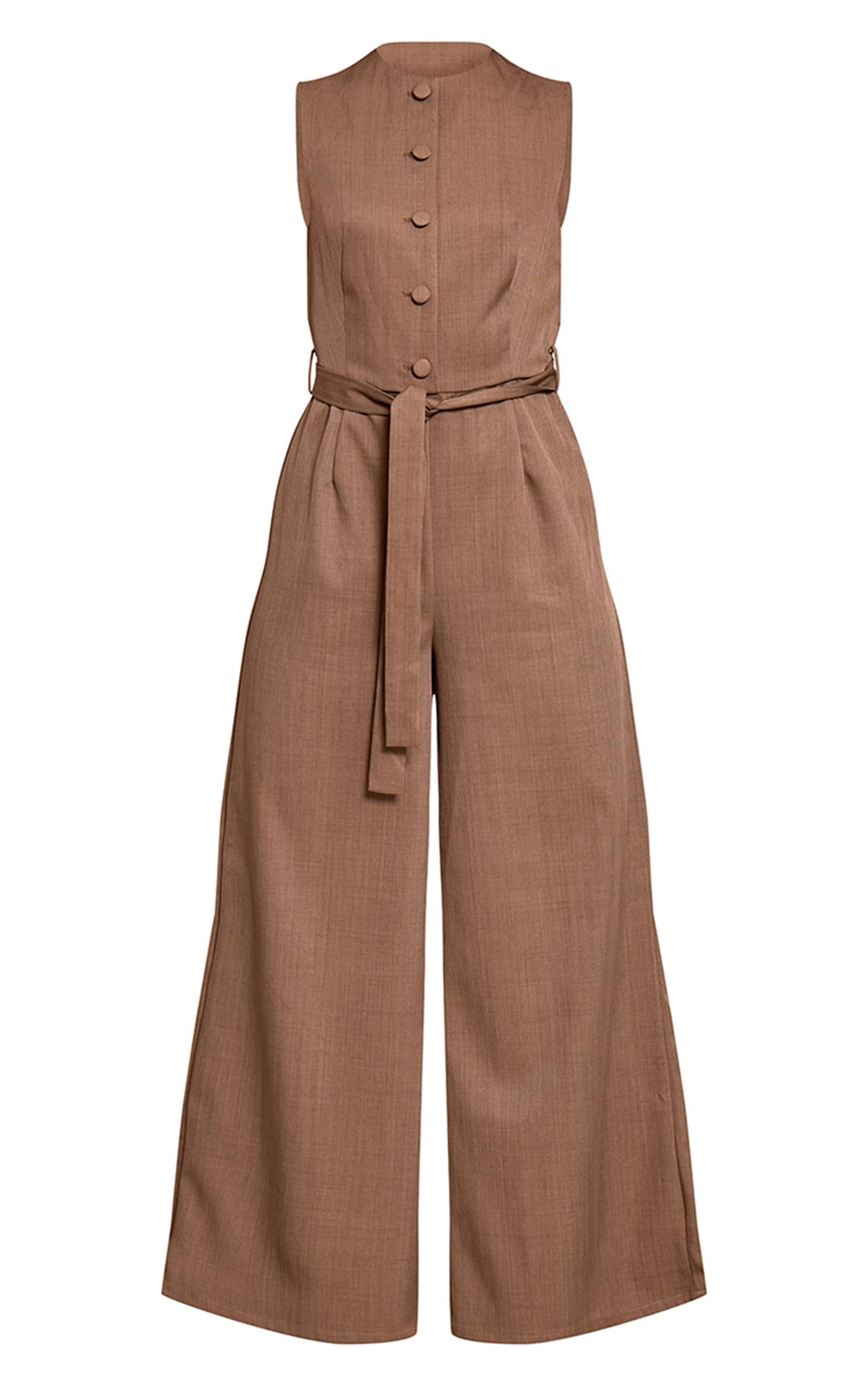 Taupe Woven Button Tie Belt Wide Leg Jumpsuit Product Image