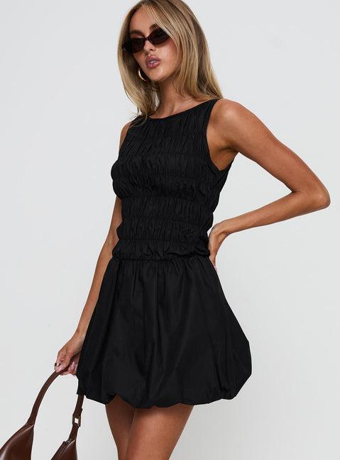 Demure Shirred Bubble Hem Mini Dress Black Product Image