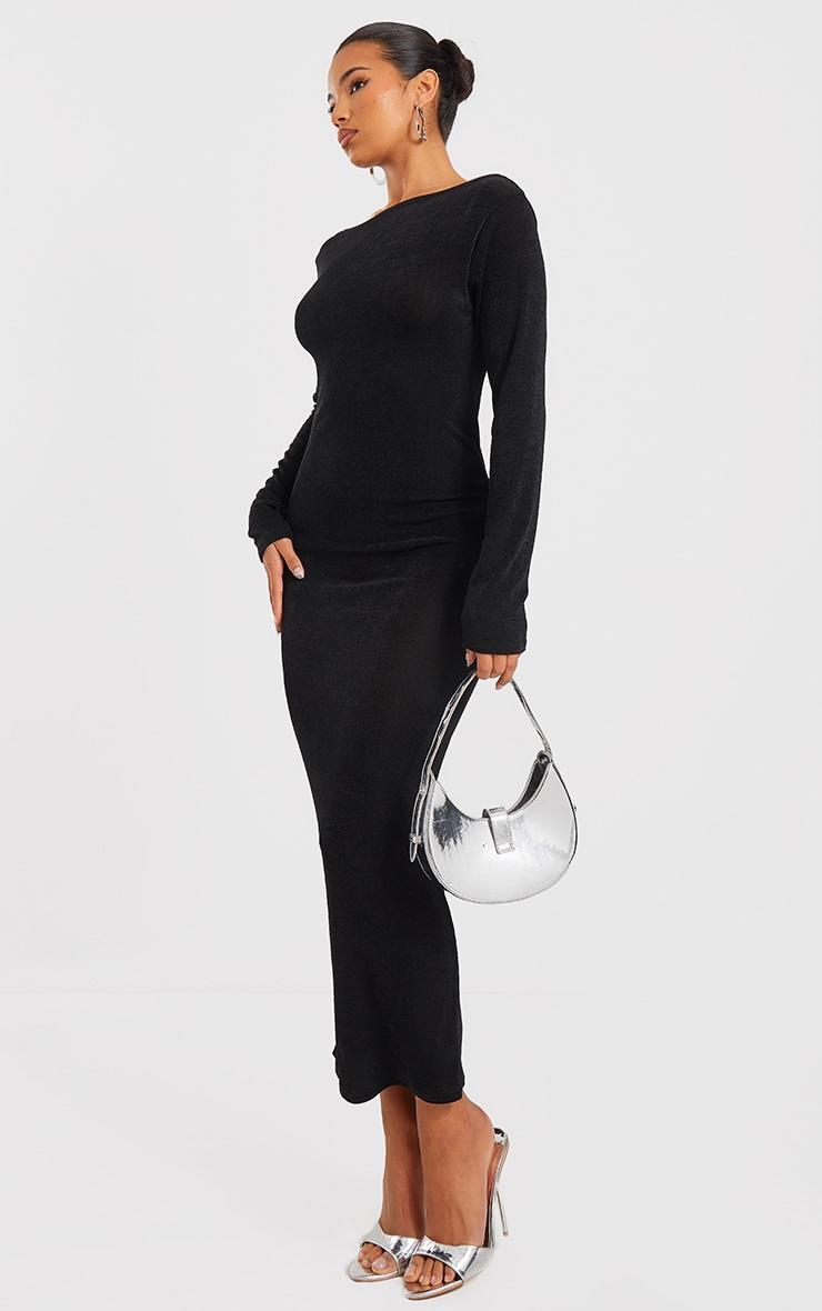 Black Acetate Slinky Long Sleeve Slash Neck Open Back Maxi Dress Product Image
