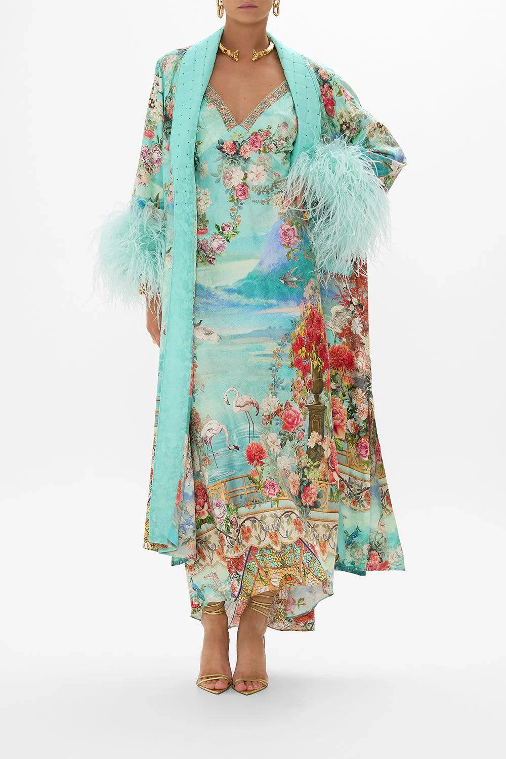 CAMILLA V NECK BIAS SLIP DRESS WITH BACK FRILL -SALE Product Image