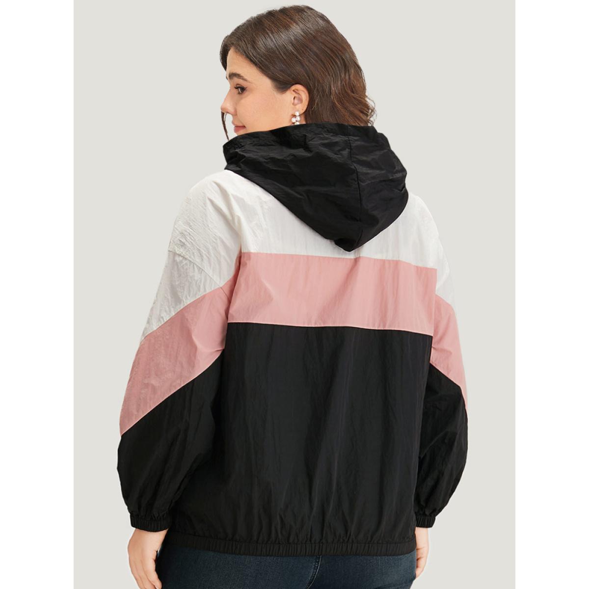 Plus Size Colorblock Contrast Zipper Pocket Hooded Jacket Women Black Elastic cuffs Pocket Dailywear Jackets BloomChic 22-24/3X Product Image