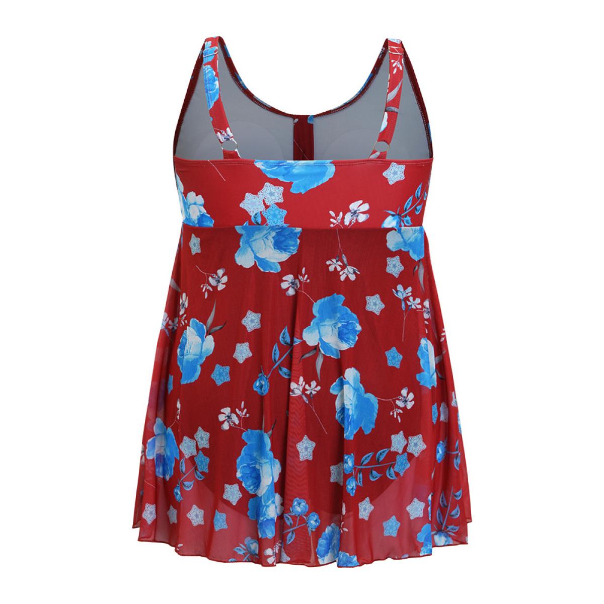 Plus Size Floral Print Split Front Ruched A Line Swim Dress Women's Swimwear Red Vacation Bodycon Round Neck High stretch Curve Swim Dresses BloomChic 28/5X Product Image