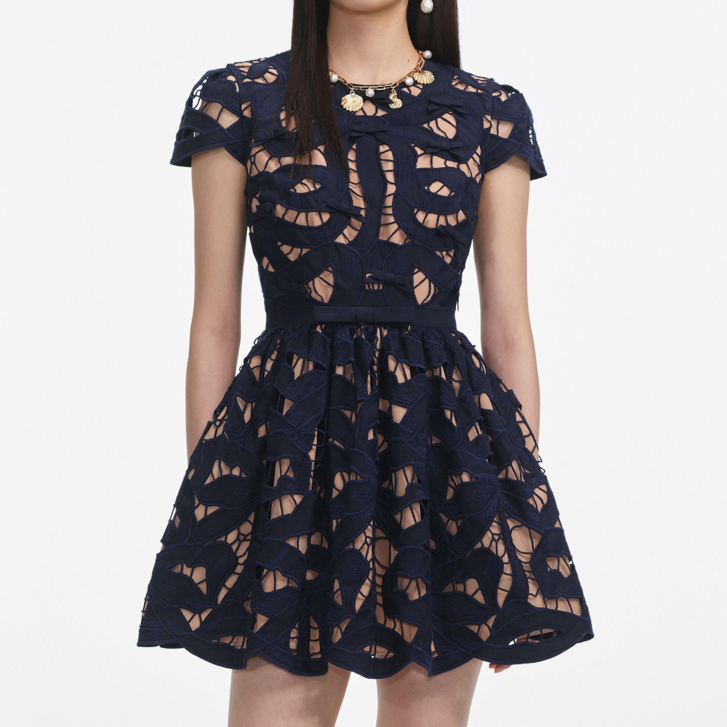 Navy Bow Embroidered Mini Dress Product Image