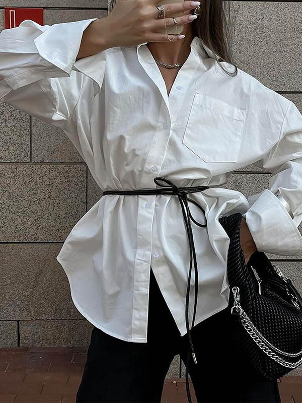 Long Sleeves Loose Buttoned Pockets Solid Color Lapel Blouses&Shirts Tops Product Image