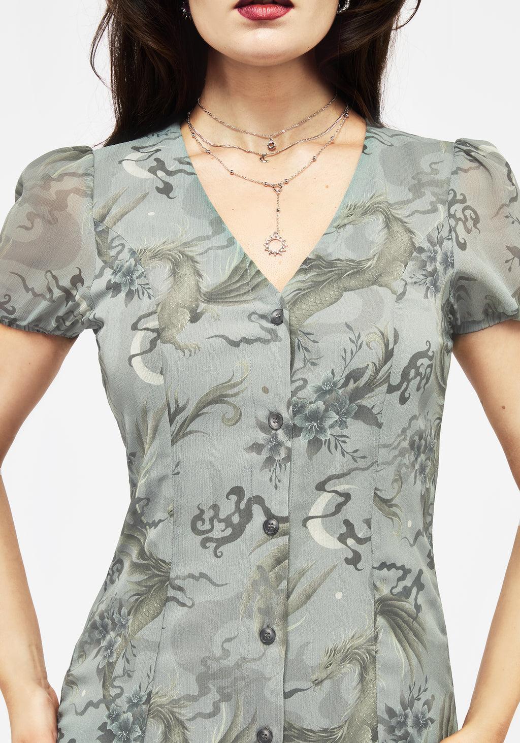 Sapphira Dragon Print Chiffon Button Up Midi Dress Product Image