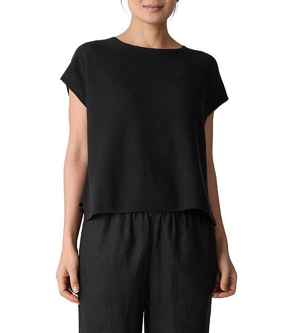 Eileen Fisher Textural Organic Linen Blend Knit Blend Crew Neck Short Sleeve Boxy Sweater Product Image