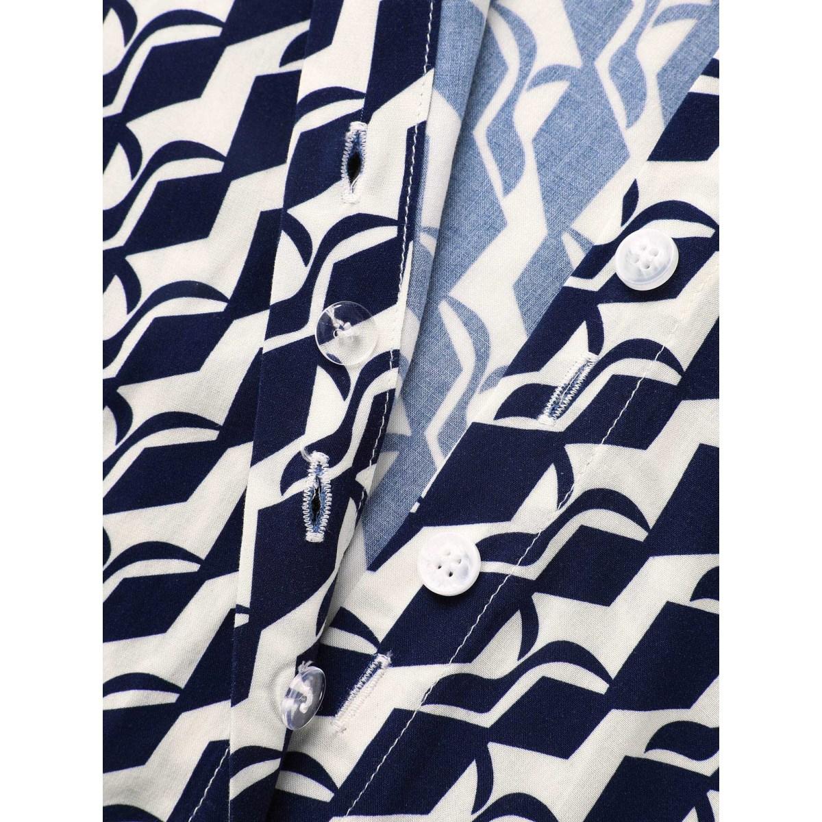 Plus Size Indigo Geometric Shirt Collar Pleated Blouse Women Elegant Long Sleeve Shirt collar Everyday Blouses BloomChic 30/6X Product Image