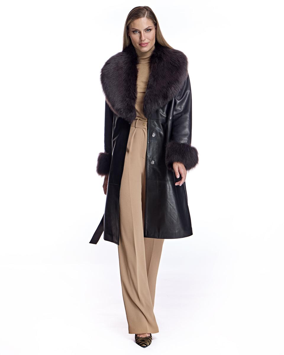 Julia & Stella by Maximilian Belted Leather Short Coat with Shearling Trim Product Image