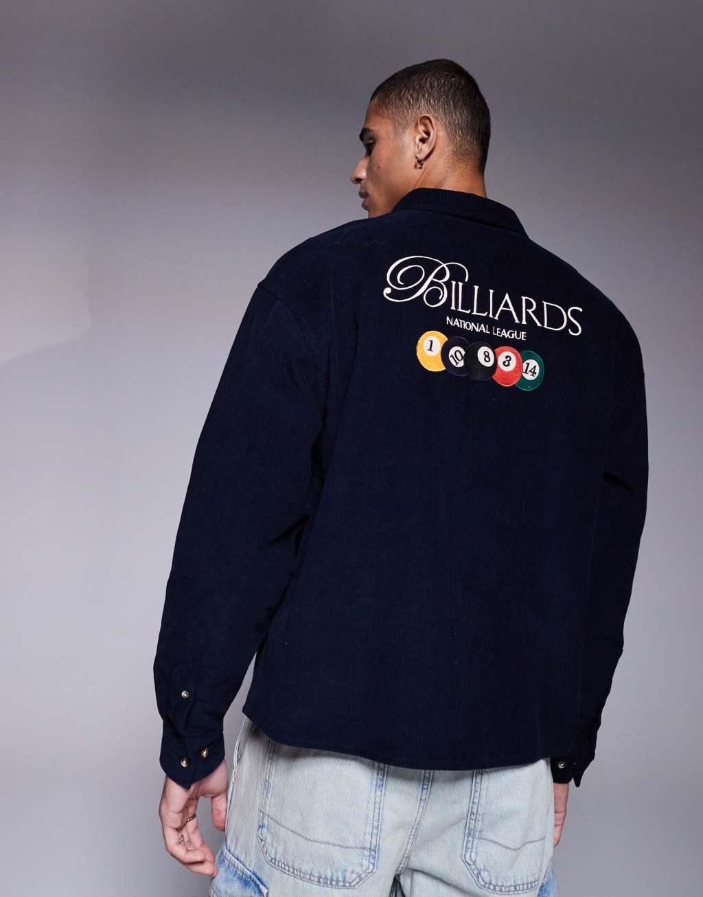 ASOS DESIGN 90s oversized cord shirt with back embroidery in navy Product Image