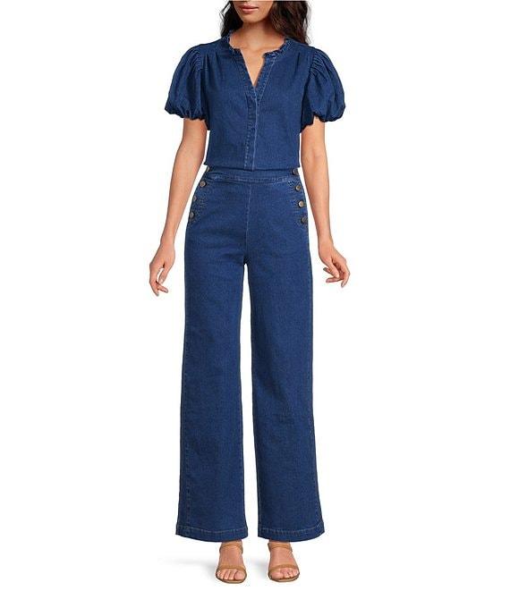 Sugarlips Jamie Stretch Denim Jayla Split Neck Short Puff Sleeves Button Front Coordinating Shirt Product Image