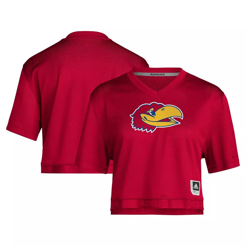 Women's adidas Red Kansas Jayhawks Primegreen V-Neck Cropped Jersey,  Product Image