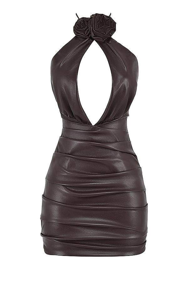 Olivia  bitter chocolate vegan leather mini dress Product Image