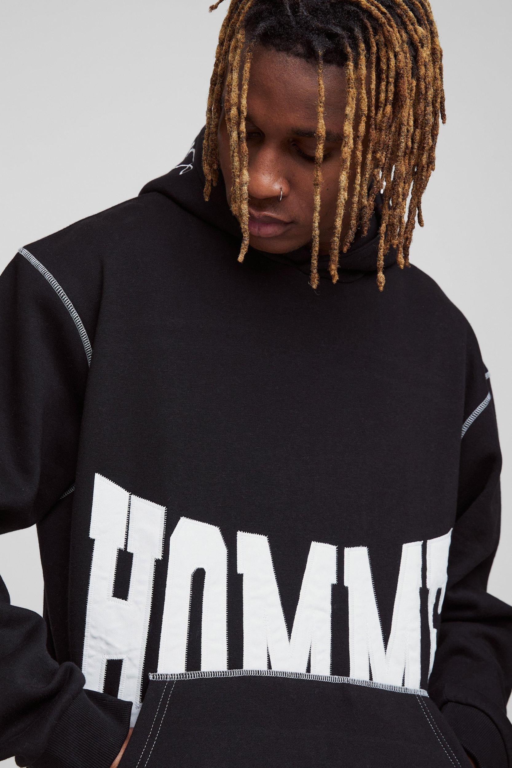 Tall Oversized Boxy Twill Applique Contrast Stitch Hoodie | boohooMAN USA Product Image