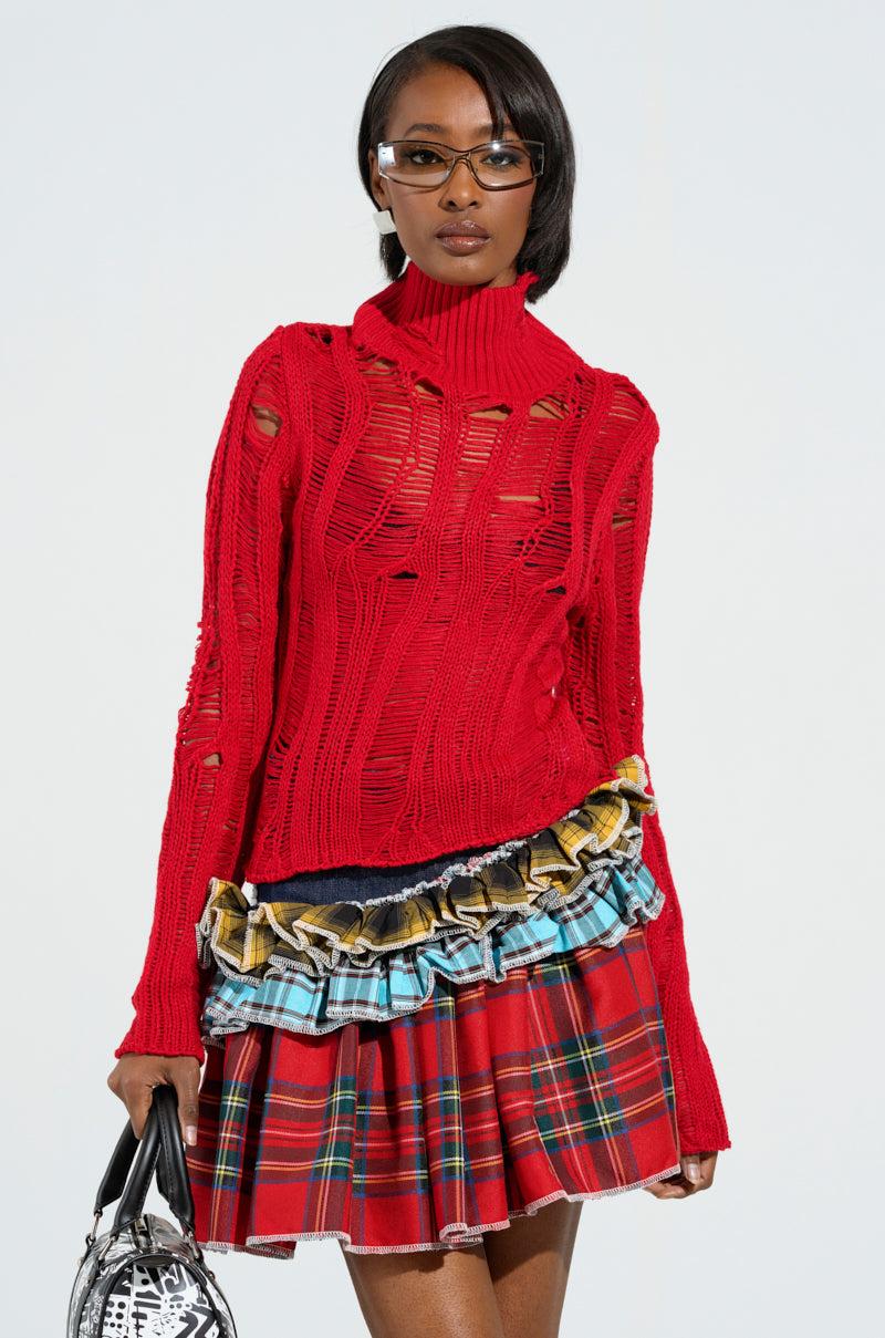 SEXY LOOSE WEAVE HIGH NECK SWEATER IN RED Product Image