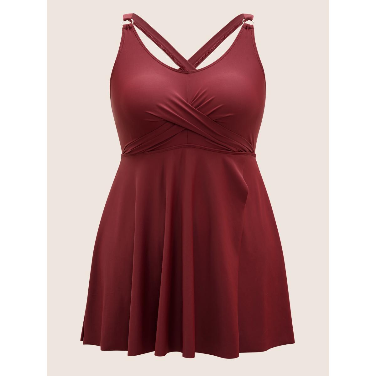 Plus Size Solid Crossover Adjustable Straps Split Hem Swim Dress Women's Swimwear Burgundy Beach Bodycon U-neck High stretch Curve Swim Dresses BloomChic 12/L Product Image