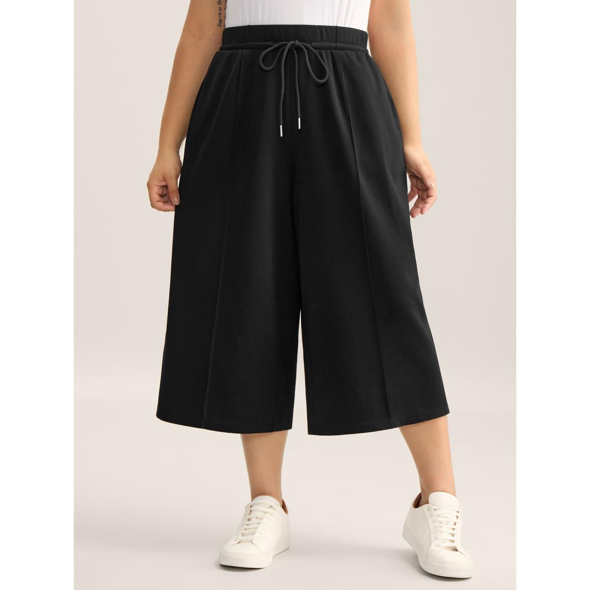 Plus Size Stretchy Drawstring Wide-Leg Pants Women Black Casual Wide Leg Mid Rise Casual Pants BloomChic 14-16/1X Product Image
