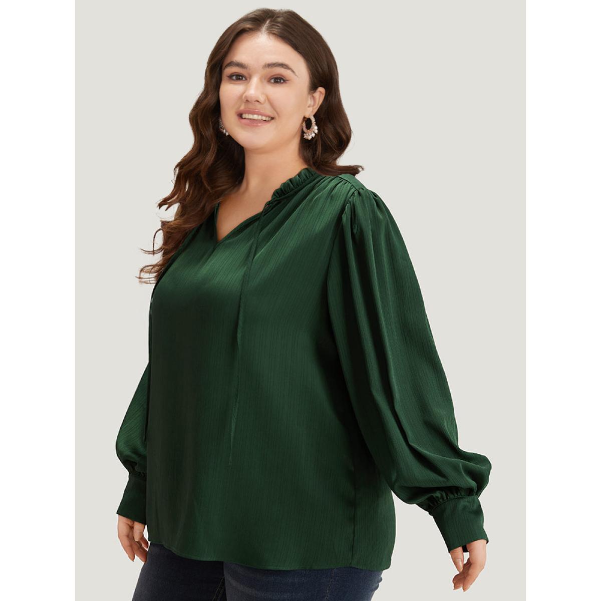 Plus Size DarkGreen Anti-Wrinkle Solid Knot Neck Gathered Lantern Sleeve Blouse Women Office Long Sleeve Tie Neck Work Blouses BloomChic 26/4X Product Image