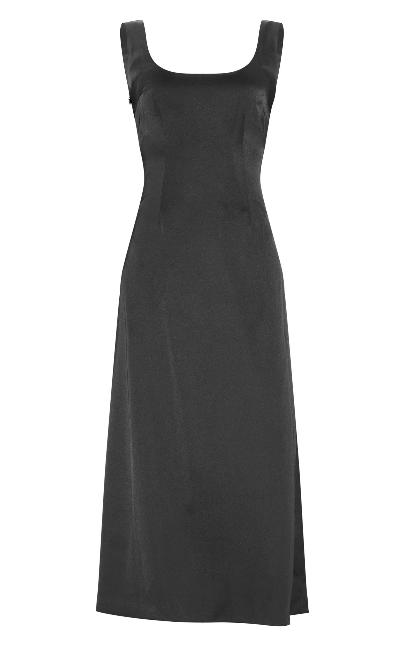 Black Satin Drop Waist Midi Dress Product Image