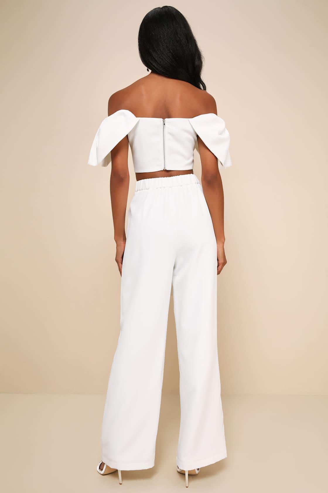 Captivating Entrance White Off-the-Shoulder Two-Piece Jumpsuit Product Image