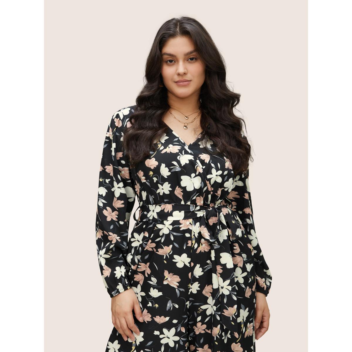 Plus Size Black Floral Elastic Waist Belted Wrap Jumpsuit Women Elegant Long Sleeve Overlap Collar Everyday Loose Jumpsuits BloomChic 14-16/1X Product Image