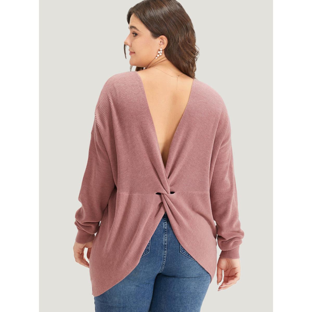 Plus Size Plain Twist Back Backless Pullover DustyPink Women Casual Loose Long Sleeve V-neck Dailywear Pullovers BloomChic 26/4X Product Image