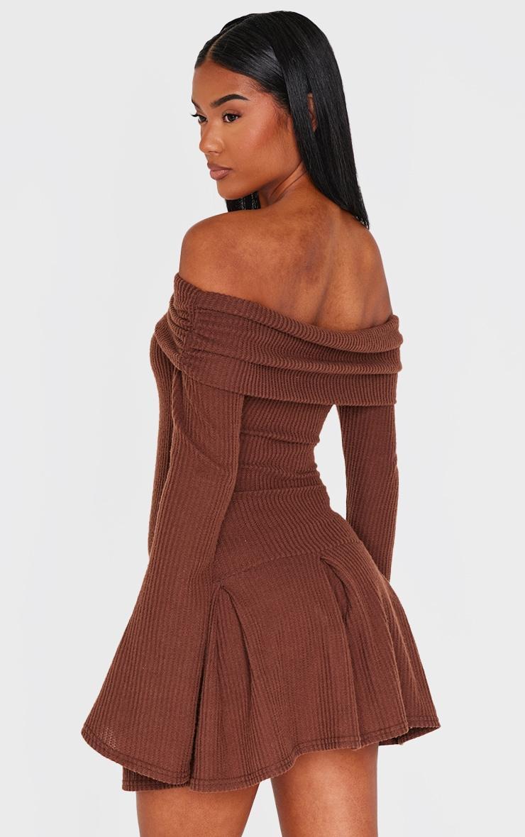 Chocolate Waffle Textured Bardot Pleated Shift Dress Product Image