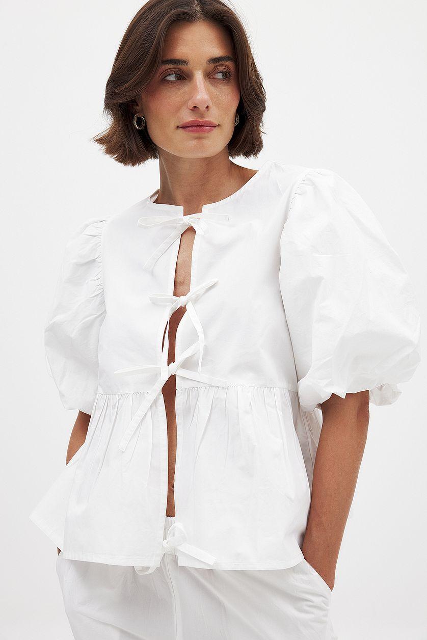 Cotton Puff Sleeve Tie Front Blouse Product Image