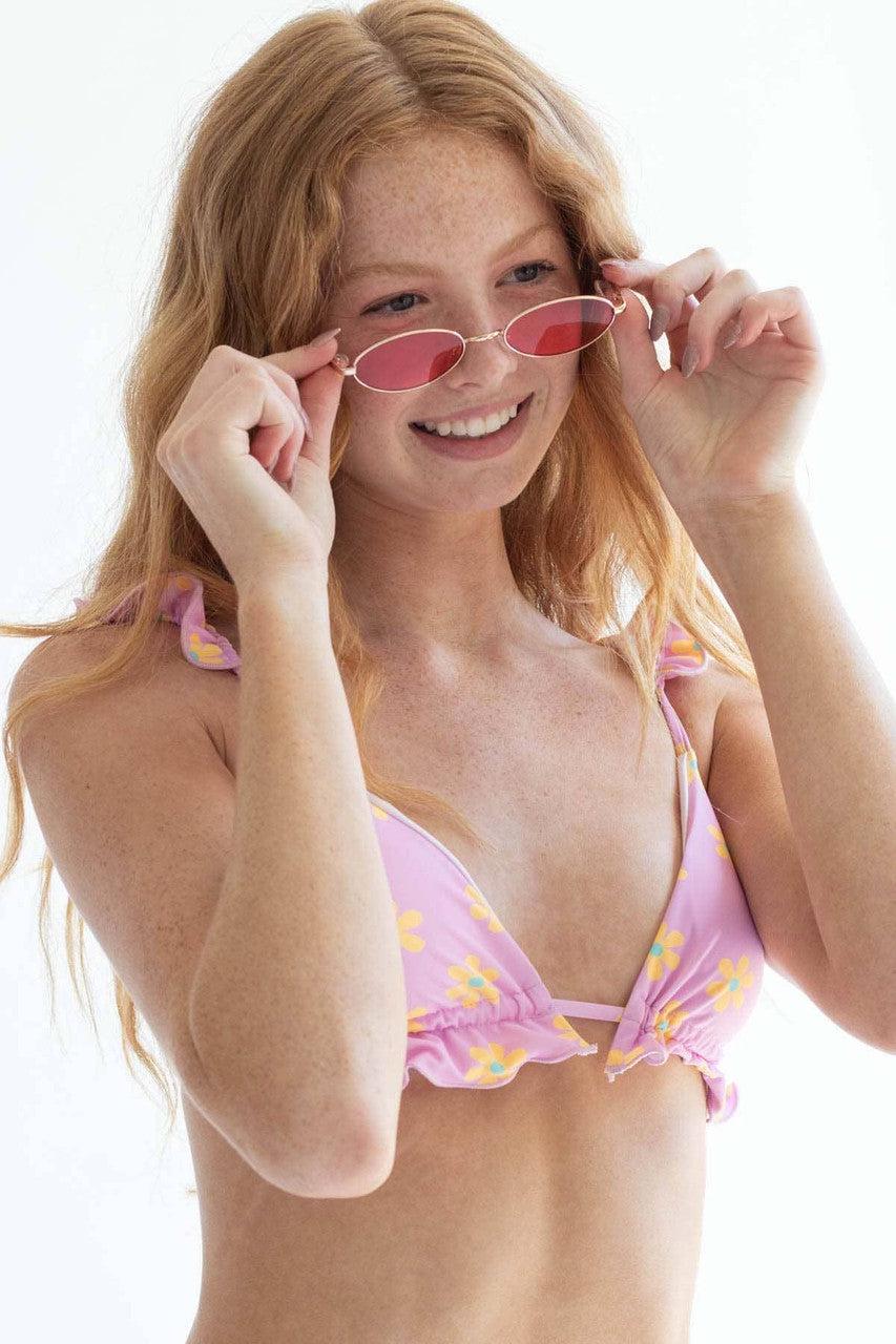 Pink Frilled Daisy String Bikini Top Product Image