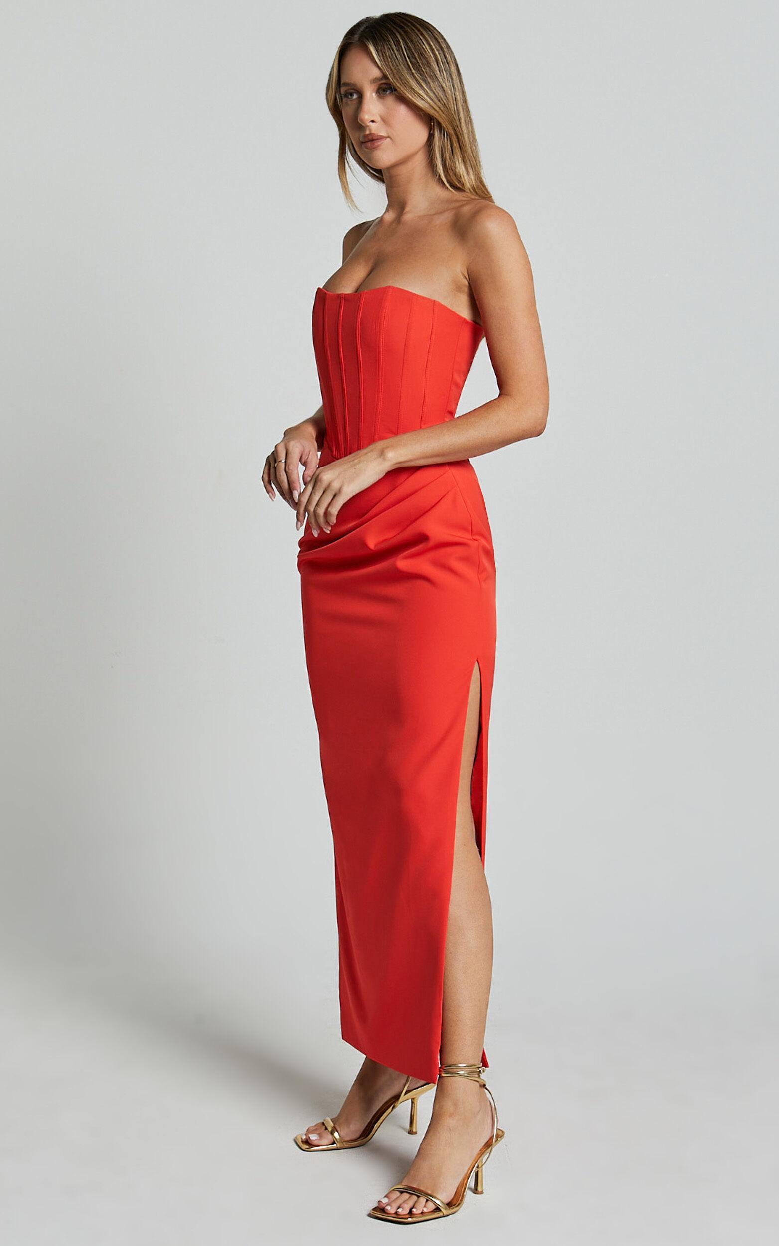 Avery Midi Dress - Strapless Draped Side Split Dress in Orange Product Image