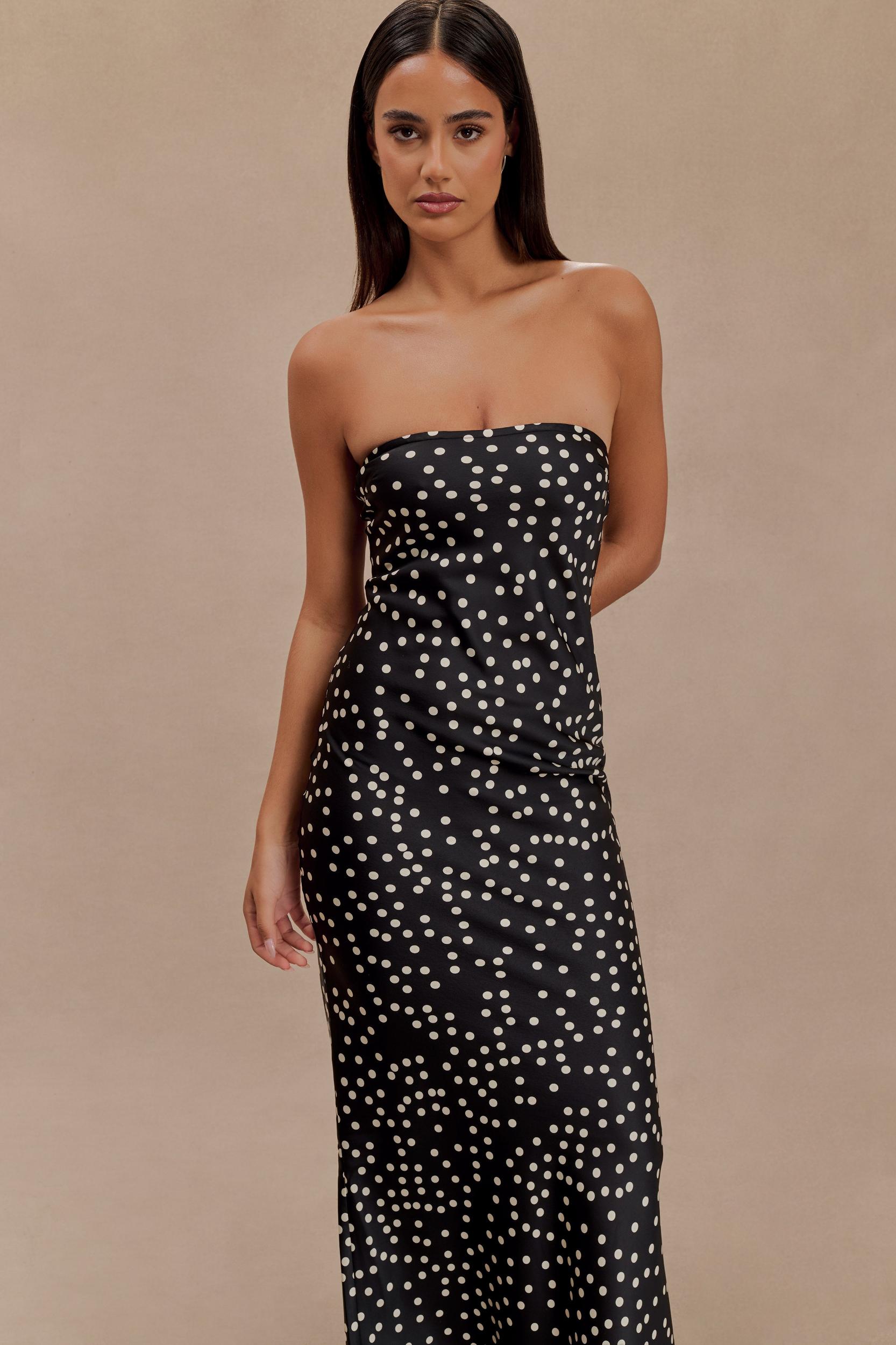 Claudette Strapless Satin Maxi Dress - Black Polka Dot Print Product Image