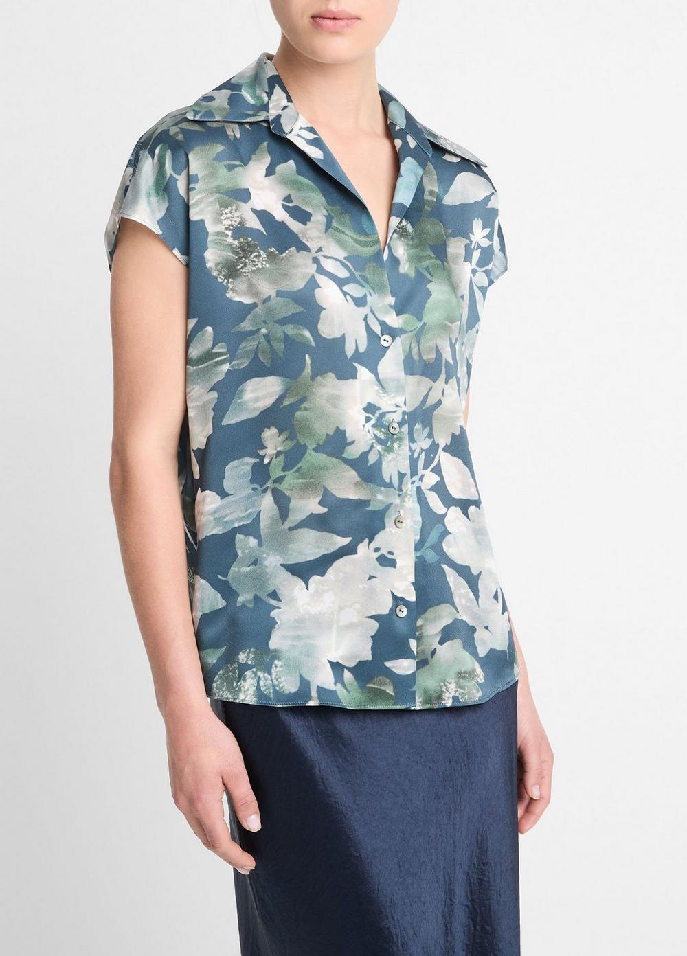 Shimmer Lake Silk Ruched-Back Cap-Sleeve Blouse Product Image